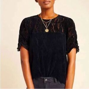 Anthropologie velvet black puff sleeve with lace top M